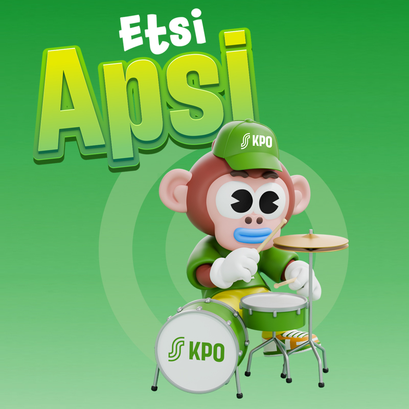 Cartoon monkey wearing a green cap with the KPO logo, playing a drum set on a green gradient background with text 'Etsi Apsi'.