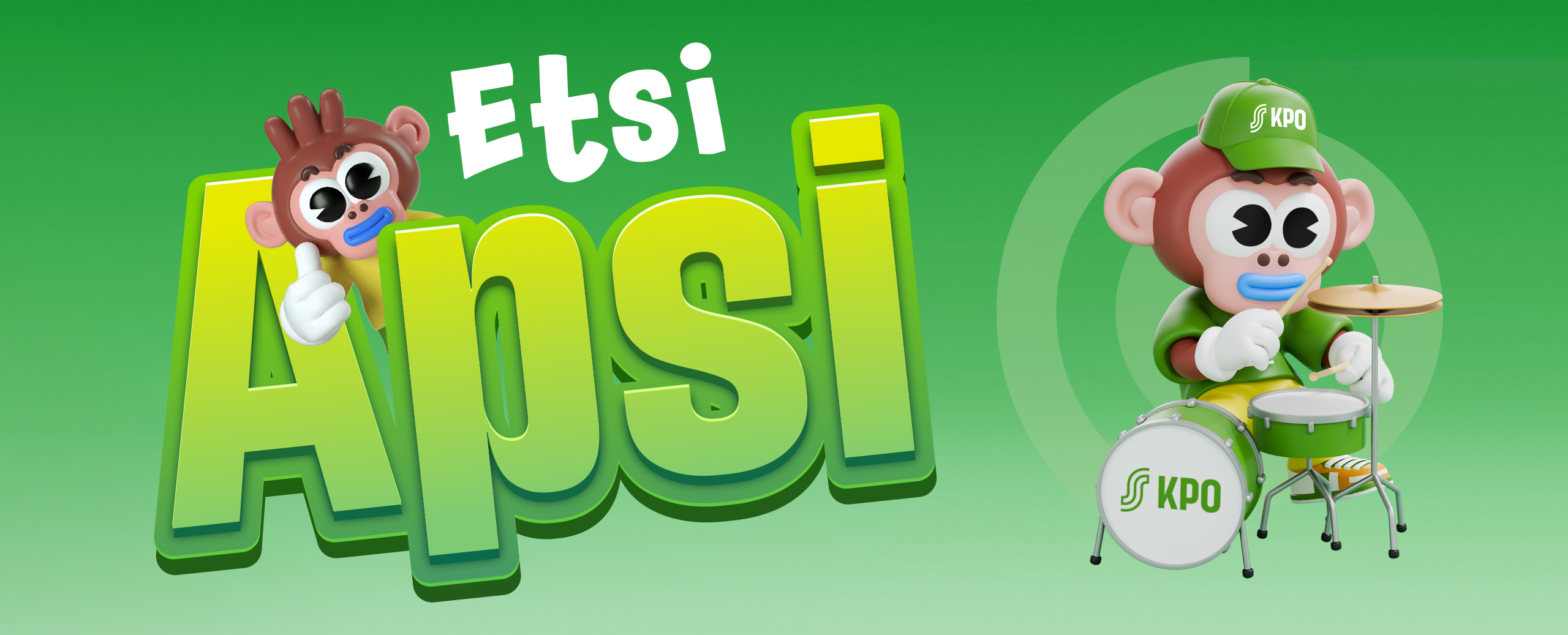 Cartoon monkey drummer on a green gradient banner with oversized lime text and 'EtSi' above the word 'Ansi'.