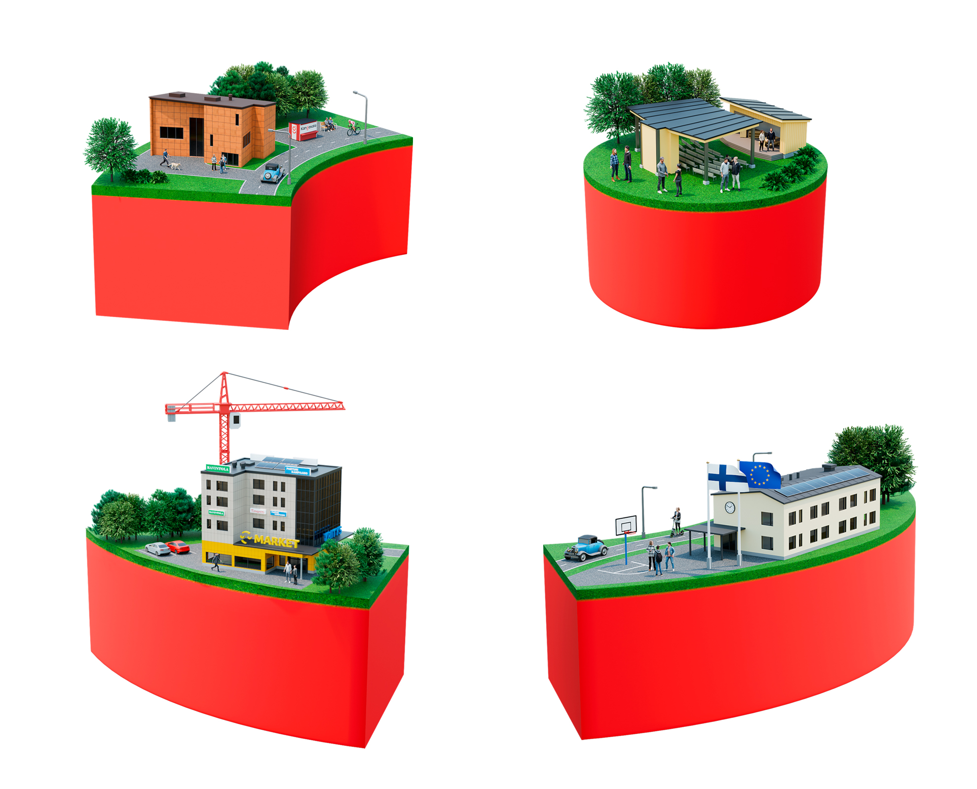Two red circular slices rising with green tops showing mini urban scenes: left a modern orange house, road, pedestrians, trees; right a solar-roof building with people and greenery.