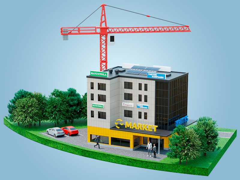 Miniature three-story market building with a red construction crane overhead, surrounded by trees and parked cars.