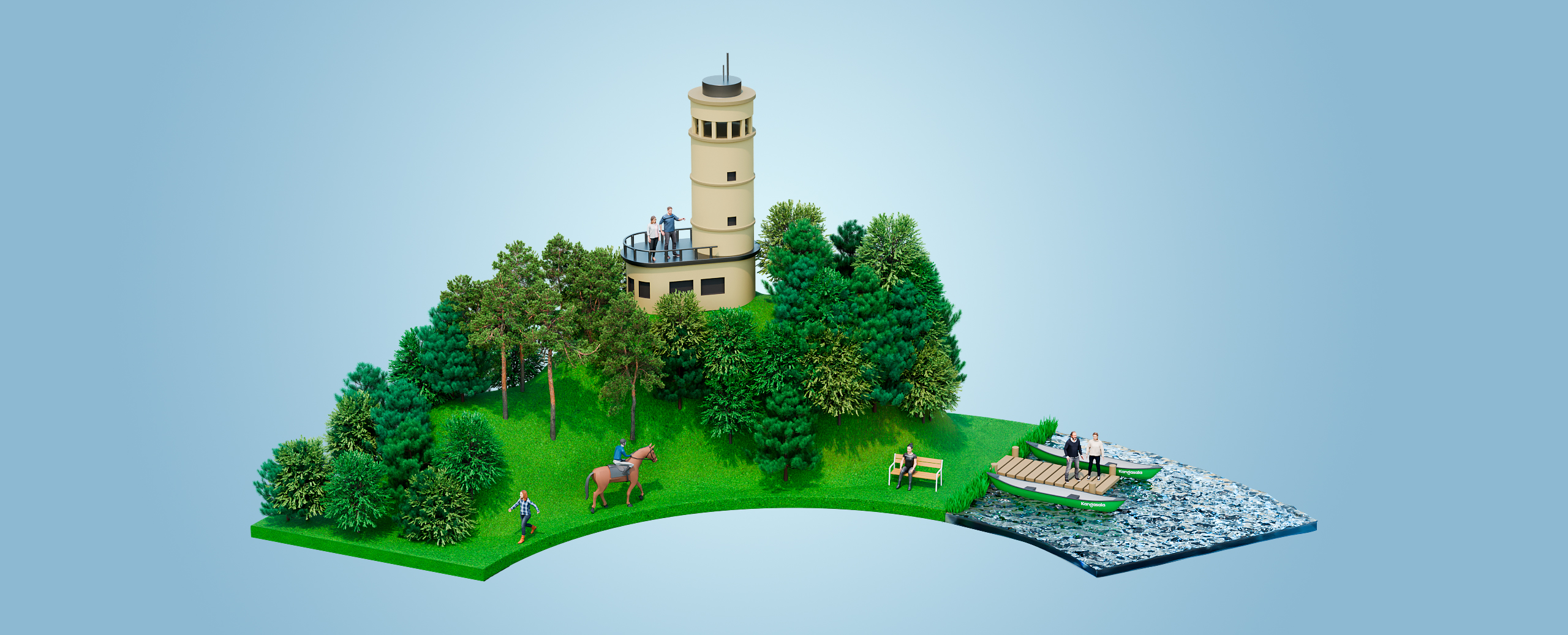 Isometric miniature island with a beige lighthouse on a hill, surrounded by trees, and people on a balcony overlooking the area.