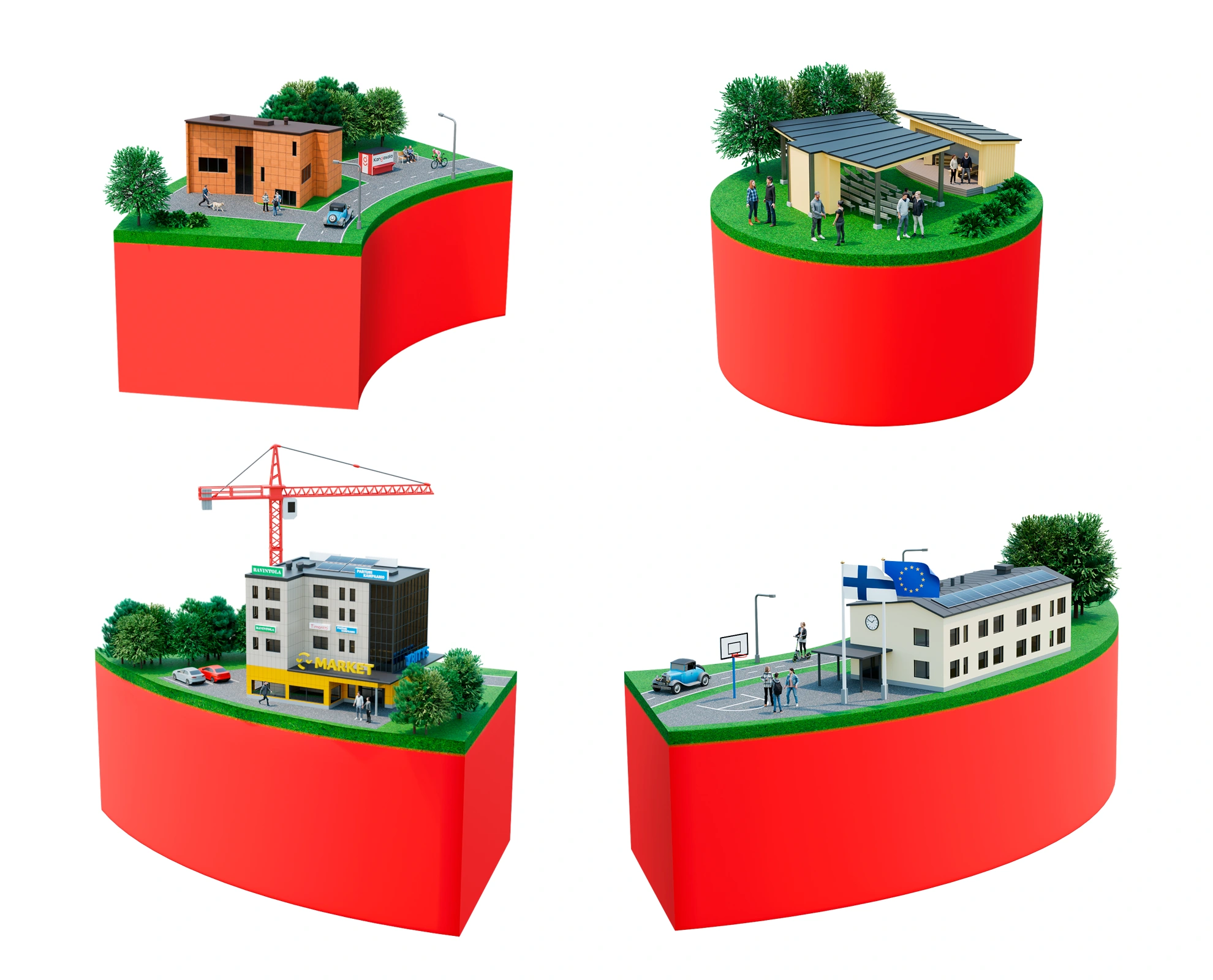 Two red circular slices rising with green tops showing mini urban scenes: left a modern orange house, road, pedestrians, trees; right a solar-roof building with people and greenery.