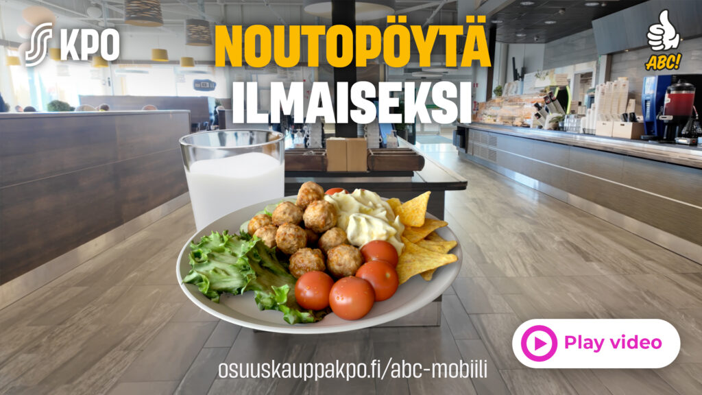 Plate with salad, meatballs, cherry tomatoes, chips and a glass of milk in a modern cafeteria; bold Finnish promo text overlays the background.