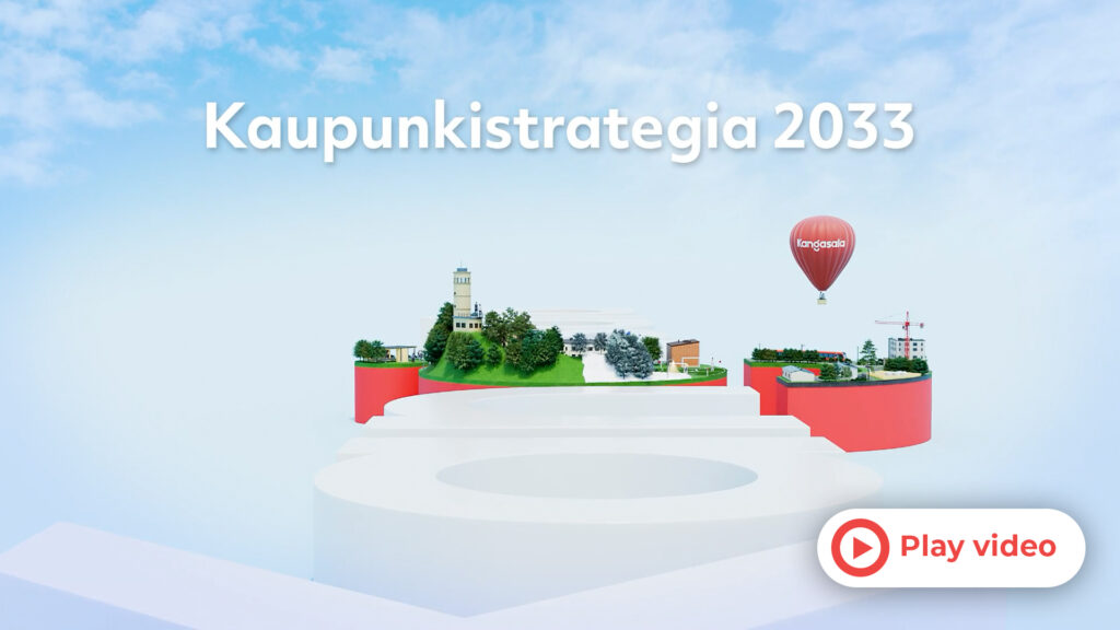 Banner with the title 'Kaupunkistrategia 2033' over a blue sky and floating landscape platforms, plus a red Kangasala balloon in the distance and a 'Play video' button at the bottom-right.