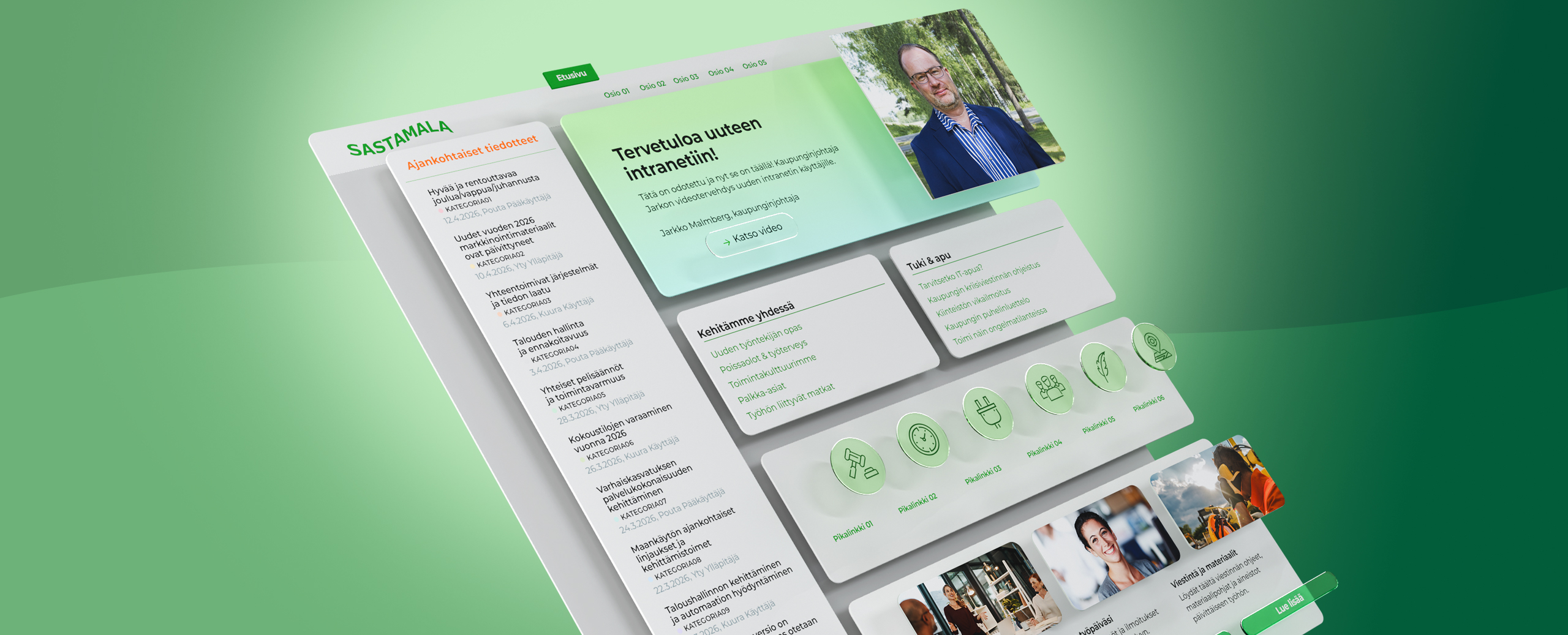 Tilted municipal website mockup on a green gradient background, showing a welcome panel, news list, and navigation tiles in Finnish.