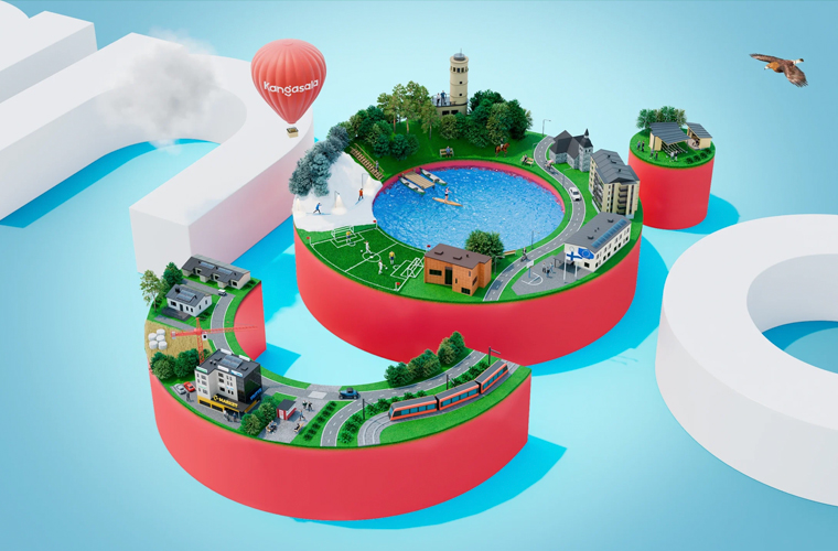 A 3D miniature town built on circular red platforms forming the letters G and O, with roads, buildings, trees, a pool, and a hot air balloon in a blue sky.
