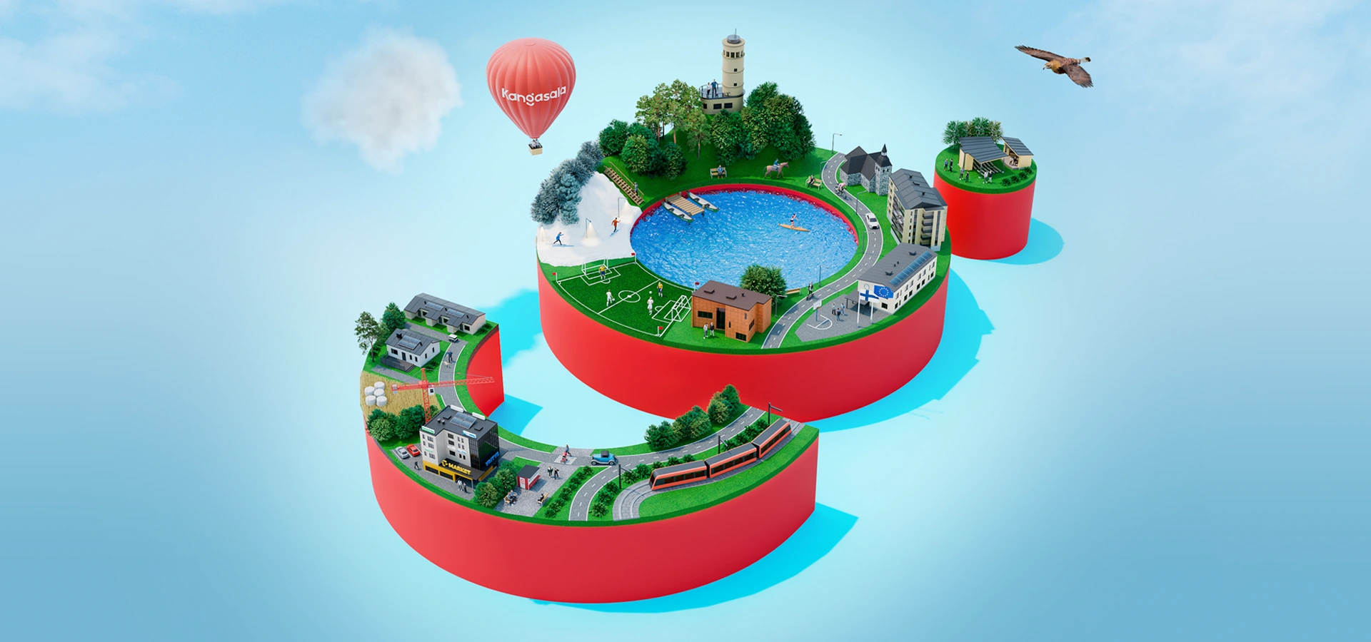 Isometric cutaway of a floating red circular platform with a town: roads, lake, trees, buildings, and a hot air balloon in the sky
