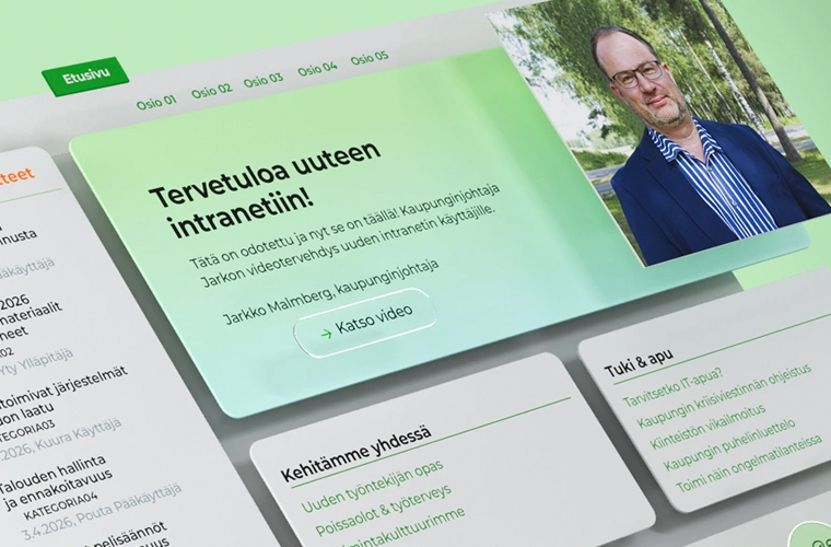 Welcome screen of a new intranet with a green gradient layout and a portrait photo on the right.