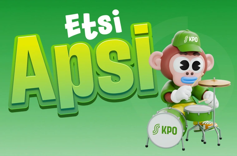 Cartoon monkey wearing a KPO cap plays a drum kit on a green gradient background with the text 'EtSi Apsi'.
