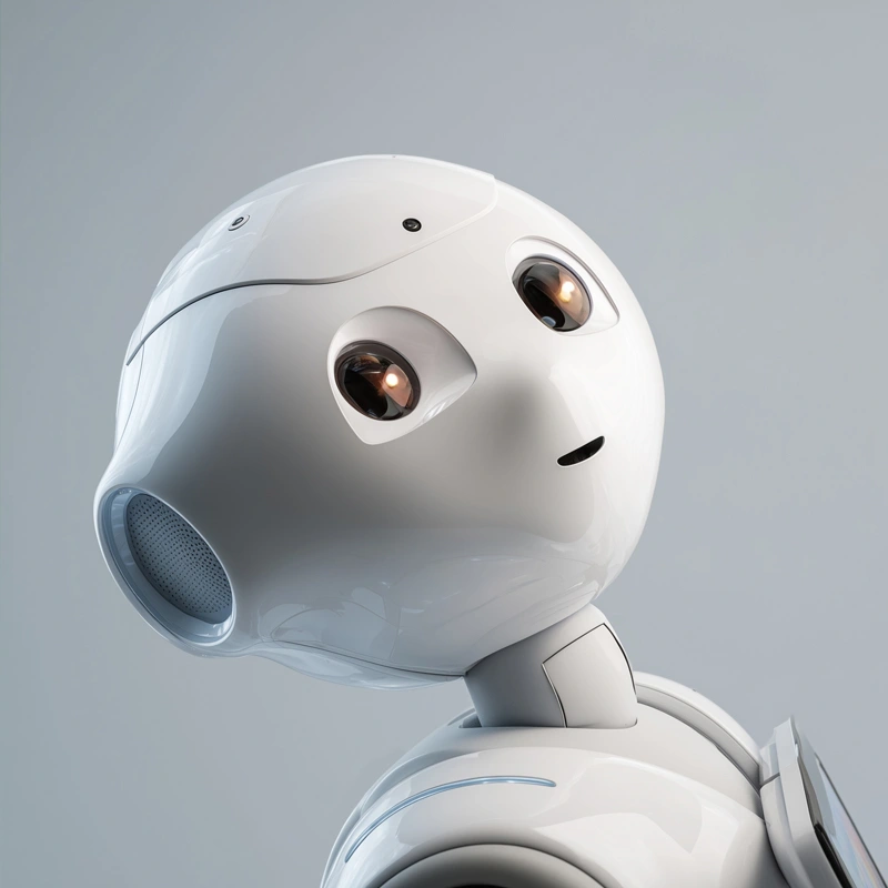 White humanoid robot head looking upward with glowing eyes against a light gray background.