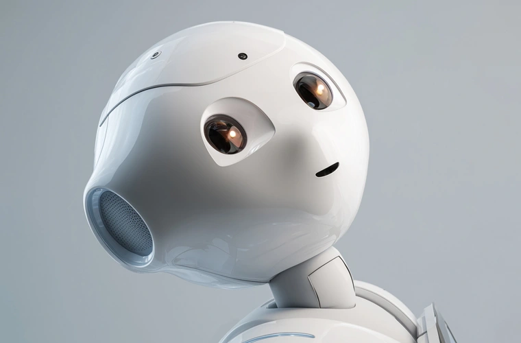 White humanoid robot head tilted upward with expressive round eyes against a pale background, looking up?