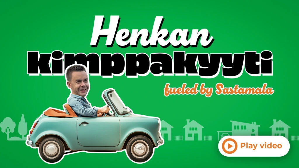Promotional video thumbnail: a man in a teal vintage convertible on a green background with bold text and a 'Play video' button.