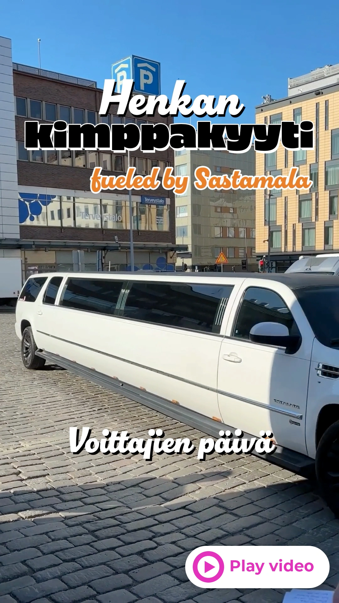 A white stretch limousine parked on a cobblestone street with modern buildings in the background and bold Finnish text overlaying the scene.