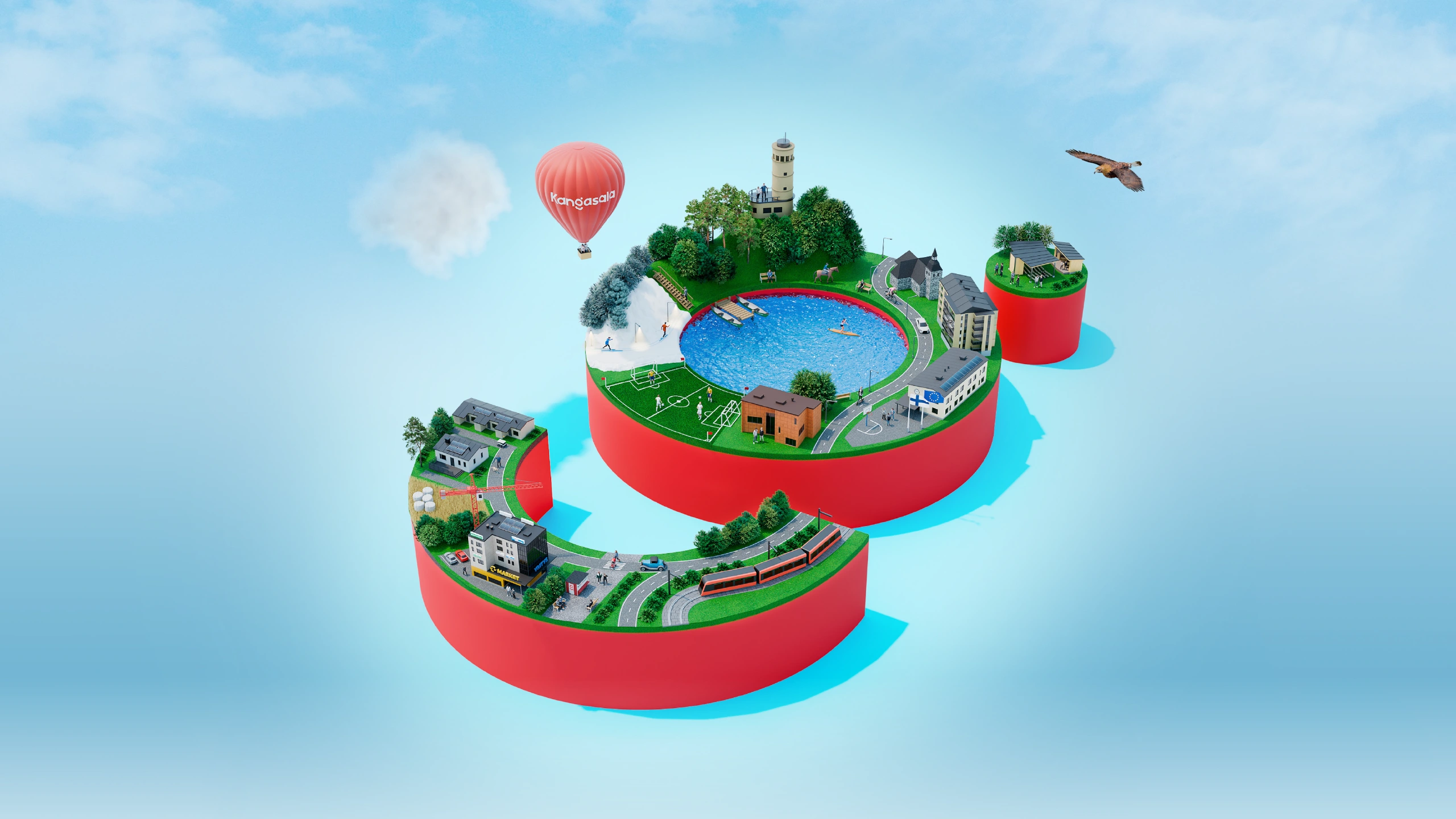 Isometric, floating island town with roads, buildings, a lake, trees, and a red hot-air balloon labeled Kangasala in a blue sky.