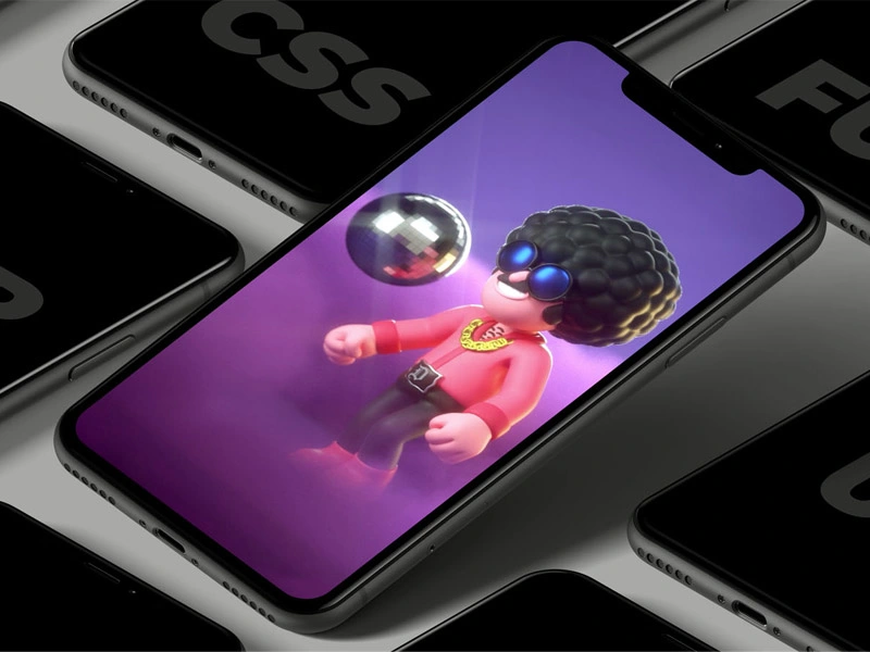 Smartphones arranged in the background, with the foreground phone showing a 3D cartoon character with an afro, sunglasses, red shirt, gold chain, and a metallic ball against a purple backdrop.