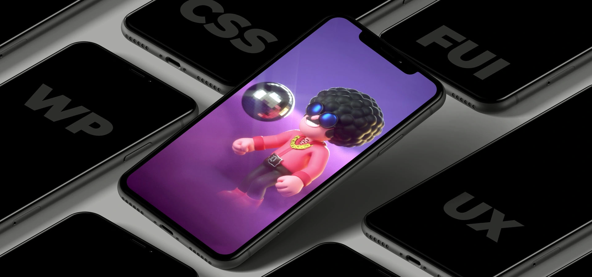 Smartphones arranged in a fan-like collage, center phone shows a 3D disco-dancer with an afro and blue sunglasses on a purple background with a disco ball.