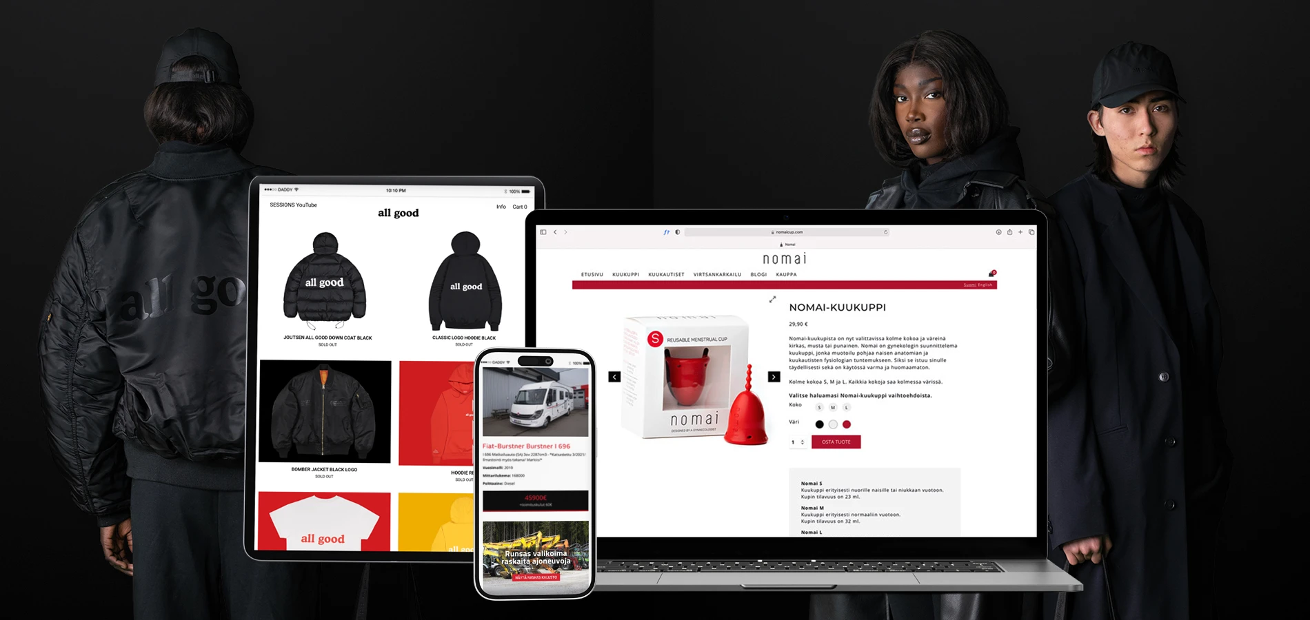 Models sit and stand beside a laptop, tablet, and phones showing the 'all good' online clothing shop across devices.
